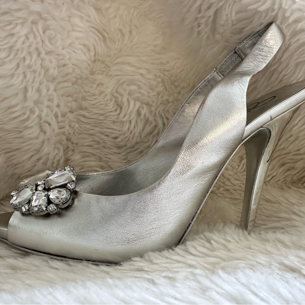 Silver, jeweled sling back heels